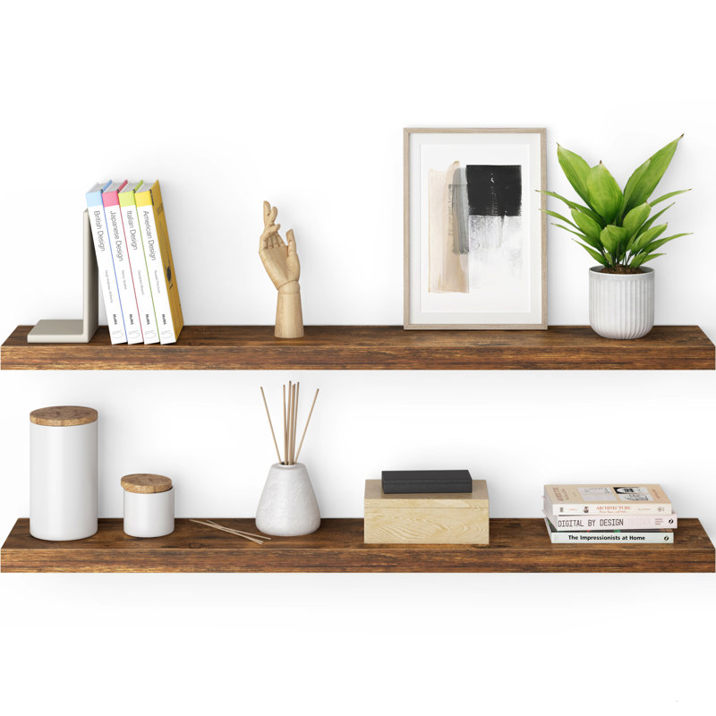 Miami Floating Shelves Set with Invisible Wall Mount Brackets, Brown, 1.5" H x 48" W x 8" D