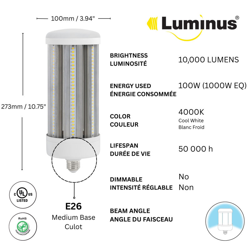 100 watts (1 000 watts équivalents), ampoule à DEL T10 à intensité variable, blanc froid (4 000 K) E26 / culot moyen (standard)