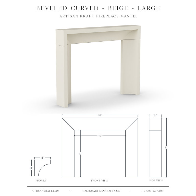 Beveled Curved Cast Stone Fireplace Surround with Bullnose Hearth, Beige, 11" D x 68" W x 53" H