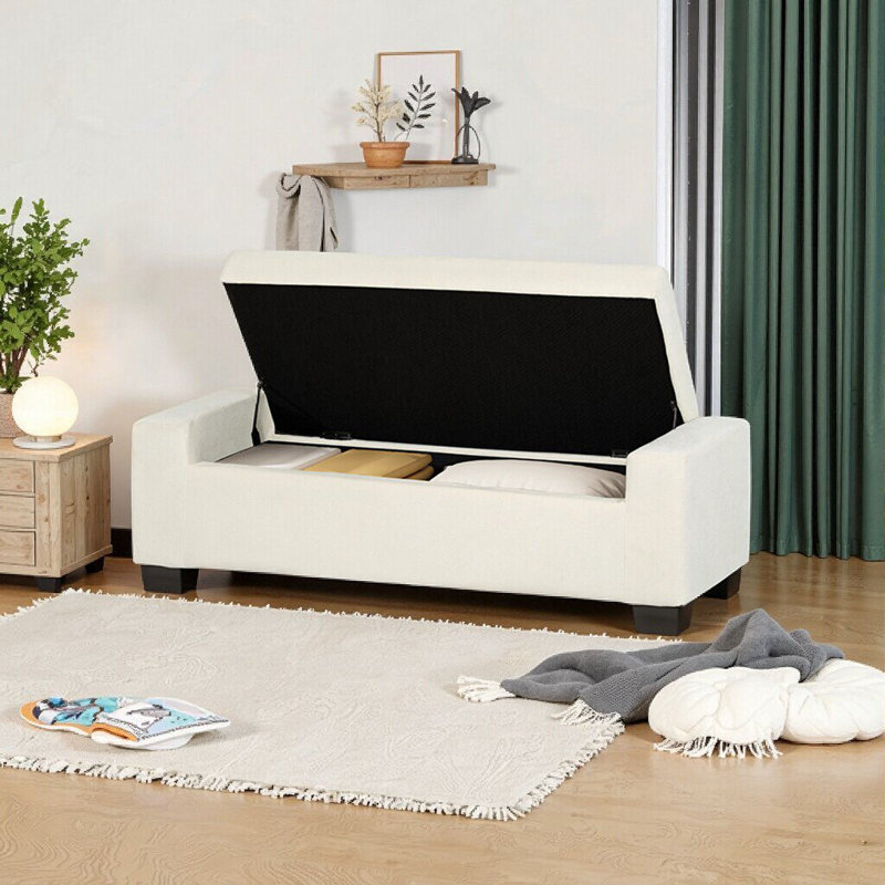 Banc de repose-pieds 50 po en tissu texturé avec couvercle à charnière - Repose-pieds de rangement blanc pour le salon, la chambre à coucher et le vestibule