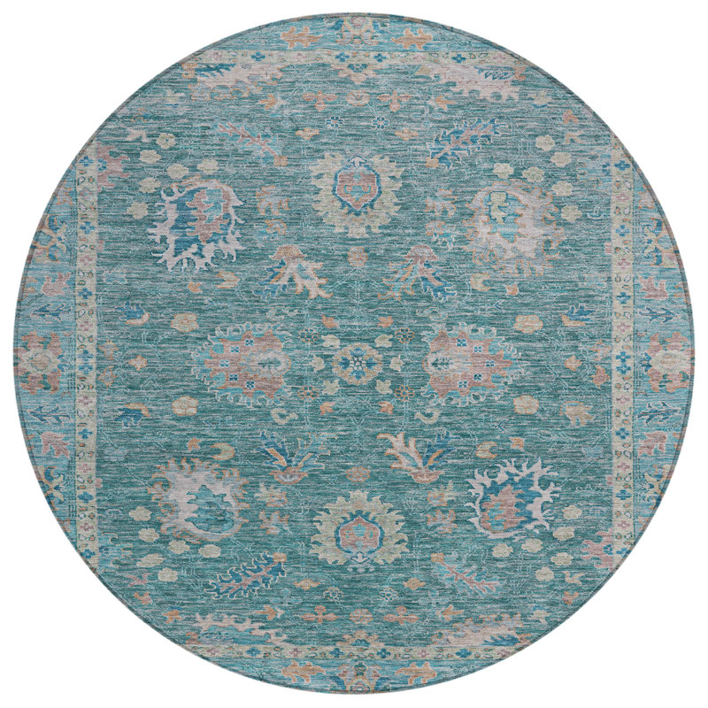 Tapis bleu sarcelle lavable à la machine intérieur / extérieur Xhevrie, Rond 8 pi