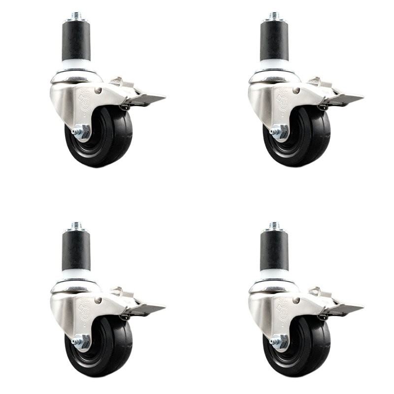 Soft Rubber Swivel Expanding Stem Caster Set 4 Lock Brake, 3.5" H x 3.5" W