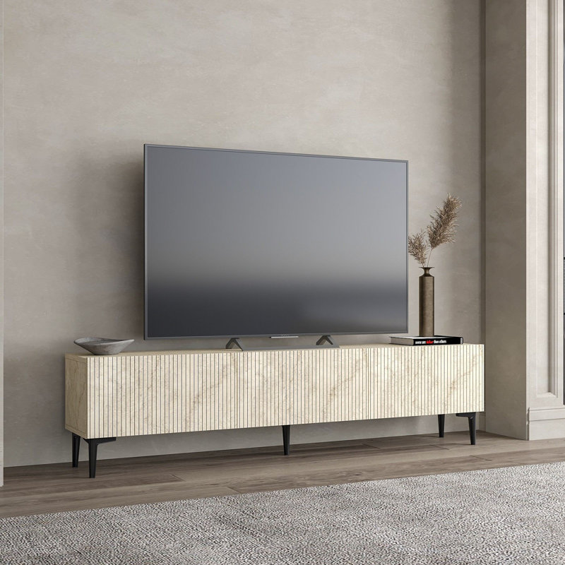 Modern TV Stand with Wall-Mount Option, 100% Melamine Coated Particle Board, Travertine Color, 70.9 x 17.7 x 12.4 inches | Stylish Geometric Design | Durable & Functional for Living Room Entertainment Systems