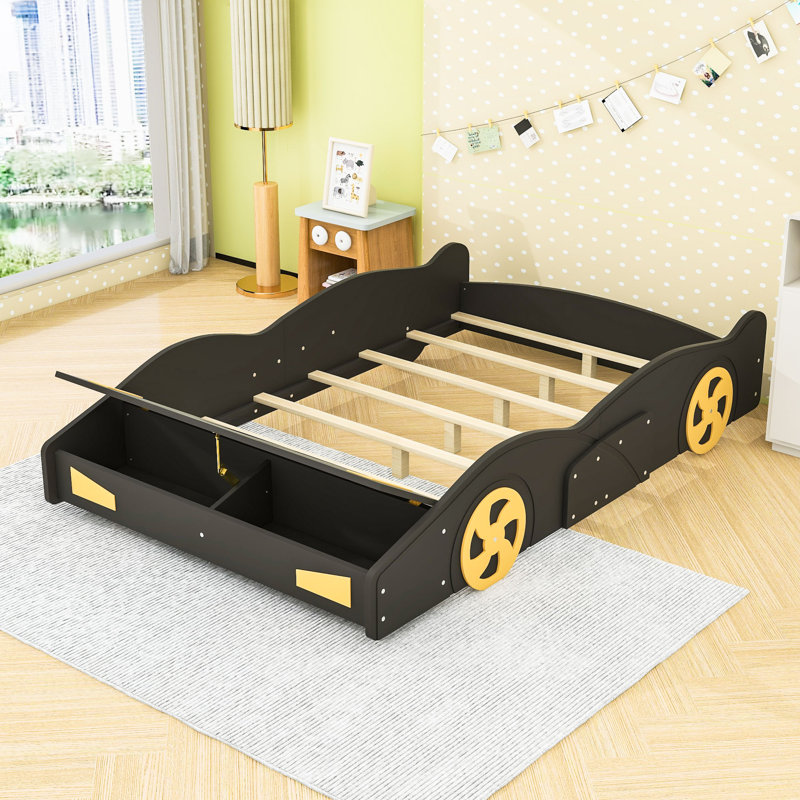Full Size Race Car Platform Bed With Built-In Storage Space And Side Rails, Black Yellow