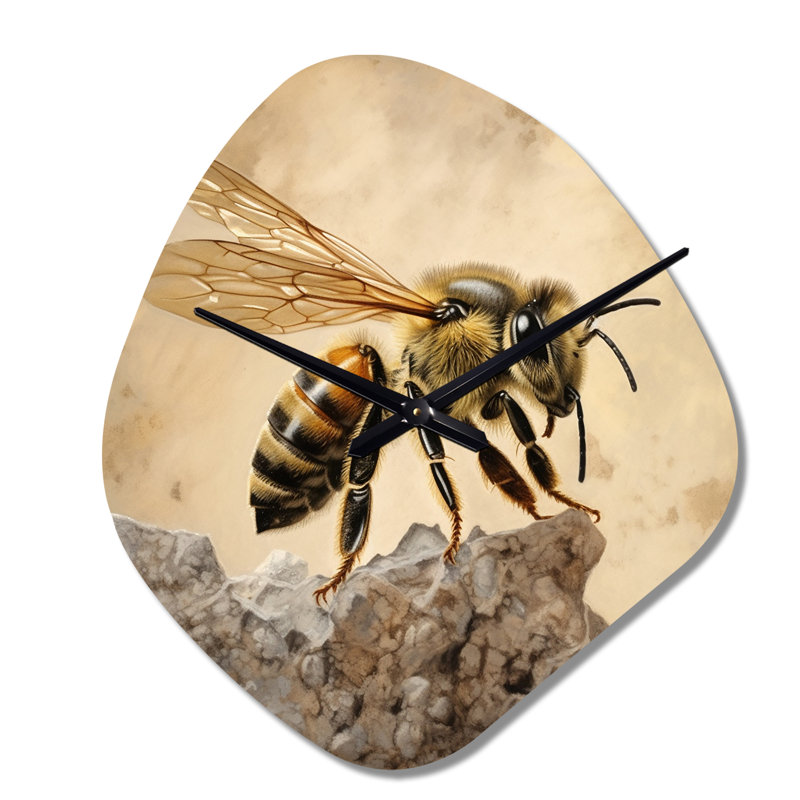 Floral Bee II - Horloge murale en forme d'abeille unique, impression d'horloge asymétrique, Petit
