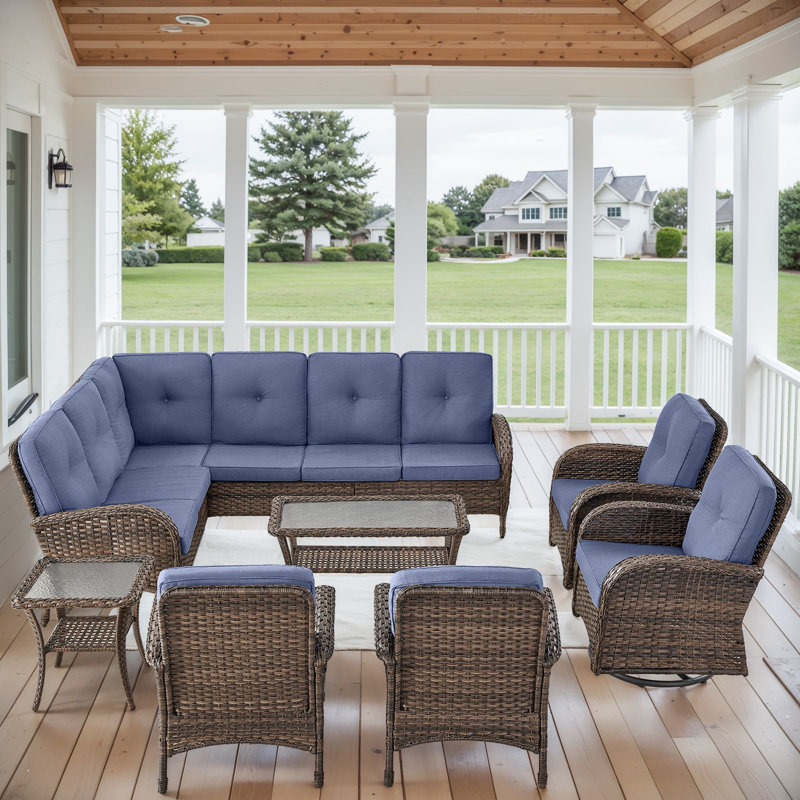 Serita Trym 9-Person Outdoor PE Wicker Patio Sectional Outdoor Conversation Set With Cushions, Blue