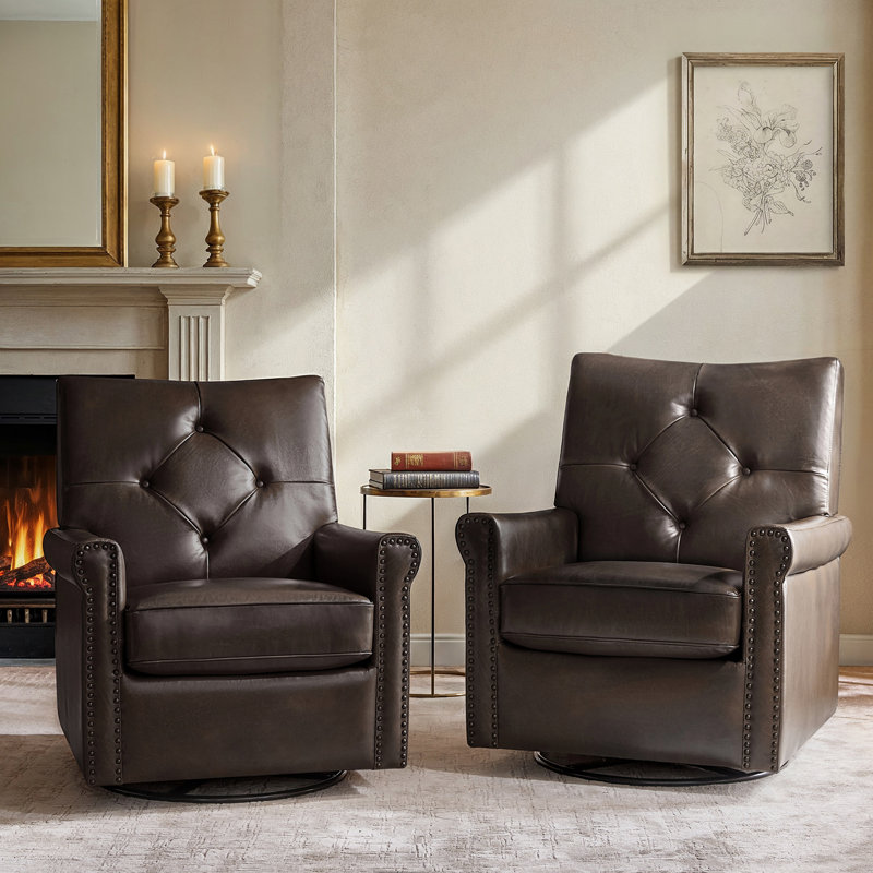 Stratton 31"W Transitional Genuine Leather Swivel Rocker Chair with Tufted Back and Nailhead Trim, Chocolate