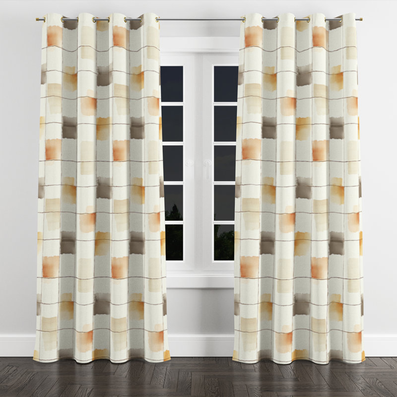 Modern Curtains for bedroom - Orange Neutral Grid Grommet Curtain - 1 Panel, Gold Grommets, 52" W x 84" L
