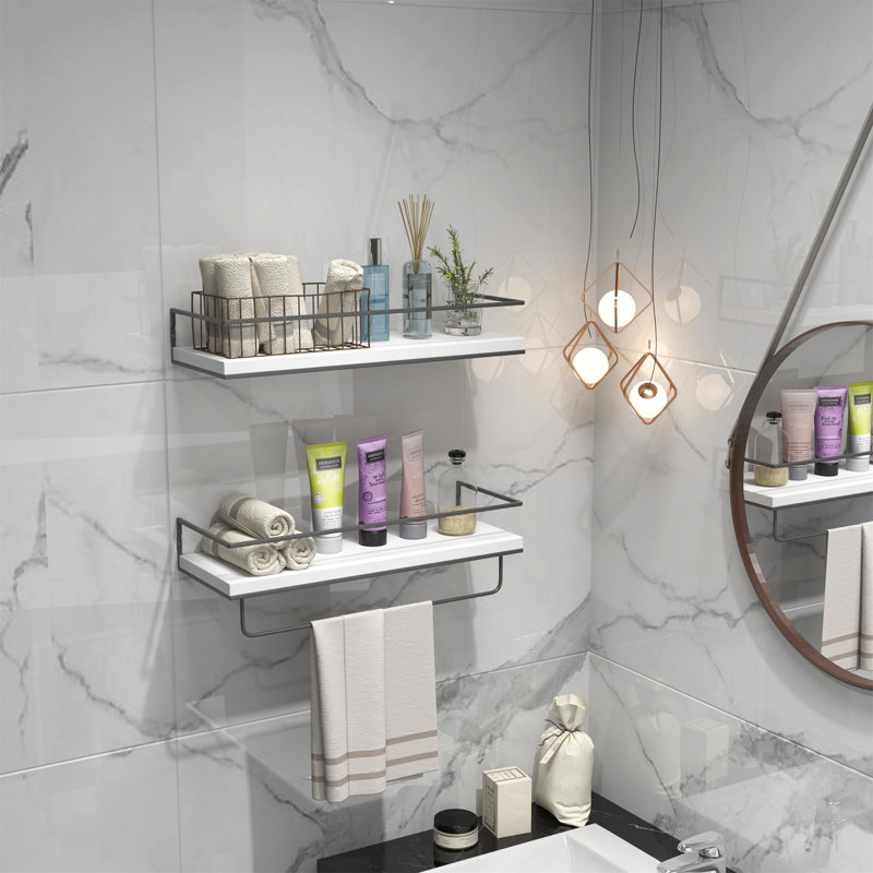 White and Gray Pine Wood Floating Shelves with Metal Towel Rack