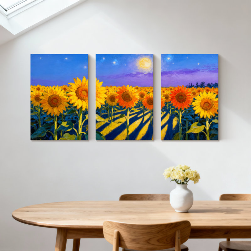 Abstrait champ de tournesols sous un ciel étoilé, ensemble de 3 impressions sur toile, H 18 po x l 36 po