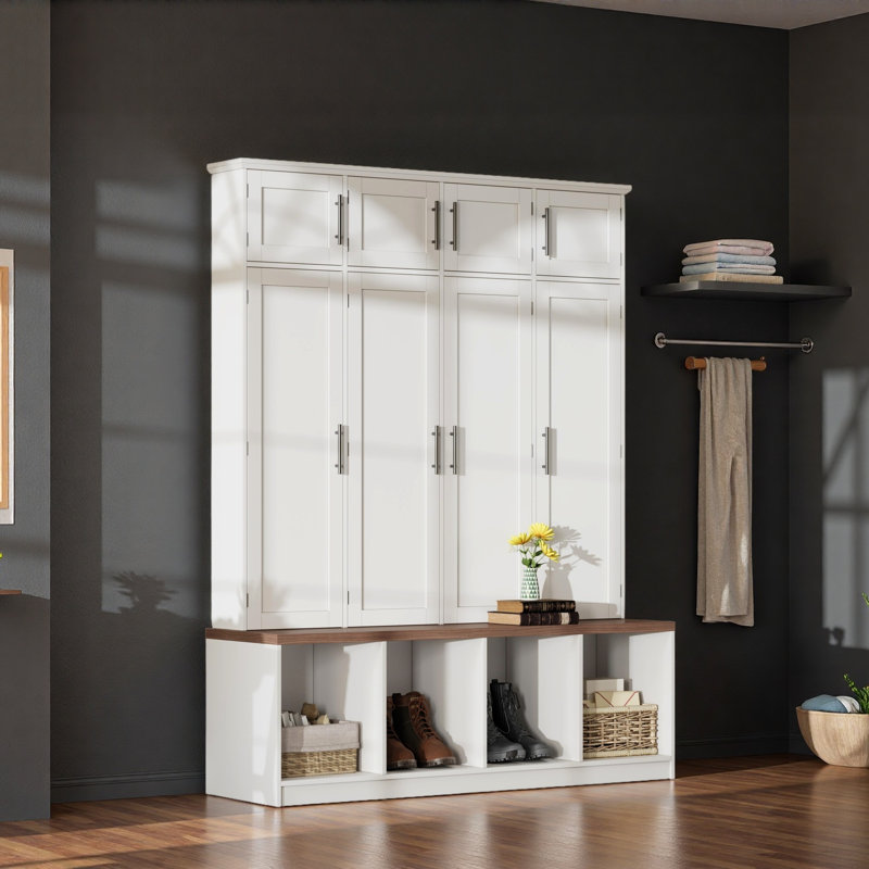 Arbre d'entrée de style campagnard avec 4 crochets cachés, banc polyvalent en noyer avec 8 portes, armoire à chaussures avec compartiments ouverts pour le salon