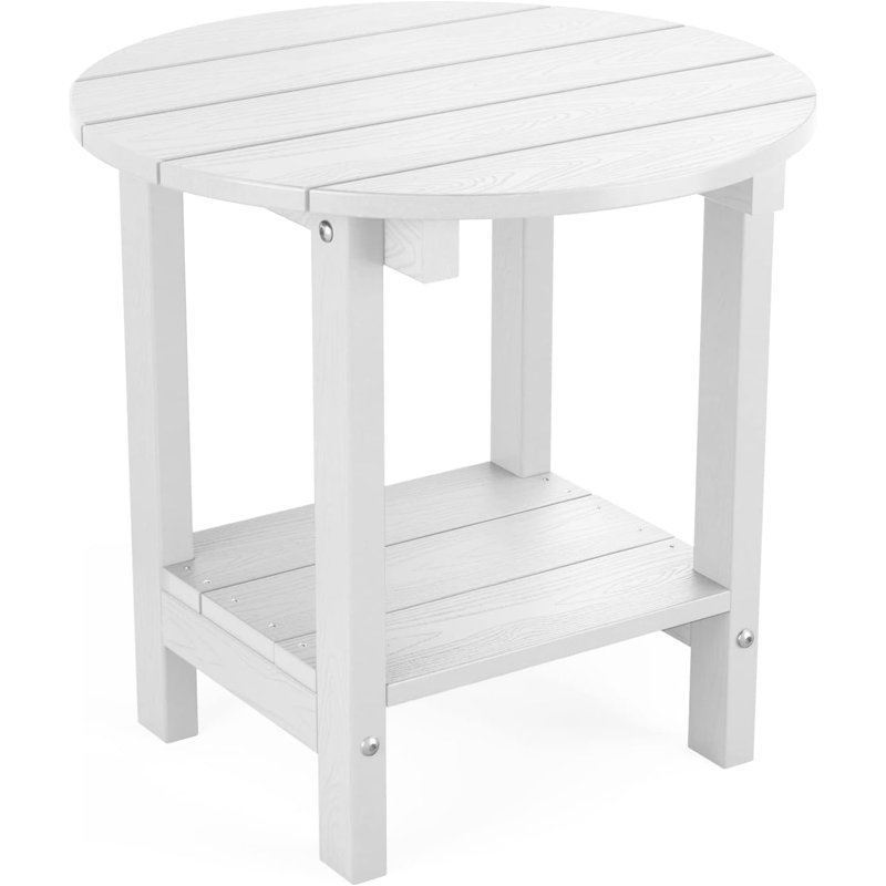 18" Round Outdoor Side Table HIPS Adirondack Table with Storage Shelf 2-Tier Plastic Adirondack End Table for Patio, Backyard or Balcony, White