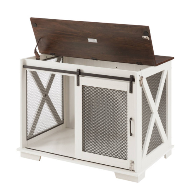 Table de bout en bois blanc pour ferme avec cage pour chien