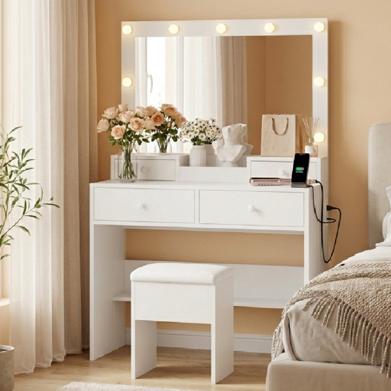 Makeup Vanity With Lighted Mirror Charging Station & Storage Stool