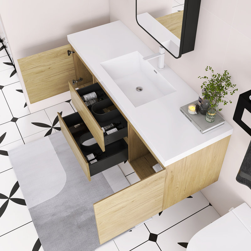 Meuble-lavabo simple 60 po avec plateau en résine, Chêne naturel