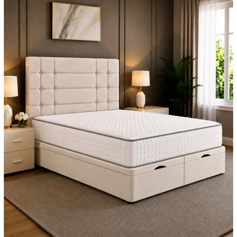 Elara Divan Ottoman Storage Bed Frame with Floor Standing Tufted Panel Headboard, 4FT6 Double Bed, Cream Plush Velvet
