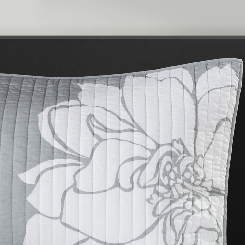 Grey/peach Printed Cotton Quilt 6 Piece, Full/queen, Reversible Softness, Floral Design, 3 Decorative Pillows Included Piece , Grey/peach, Cotton, Warmth, Stylish Pillows, Bedding