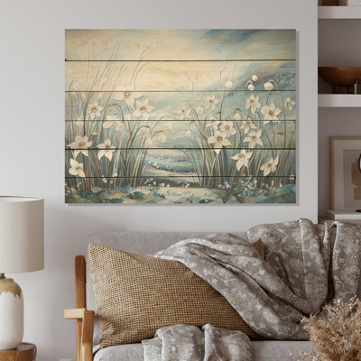 «Snowdrop Flowers Field In Winter I - Snowdrops», art mural sur bois de pin naturel