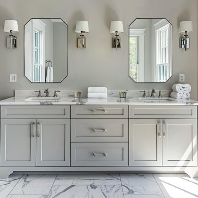 Contemporary Cut Corner Octagonal Scalloped Bathroom Vanity Mirror | Stainless Steel Frame