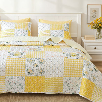 2-Pieces Floral Quilt Set, Vibrant Printed Quilt Bedding with One Pillowcases
