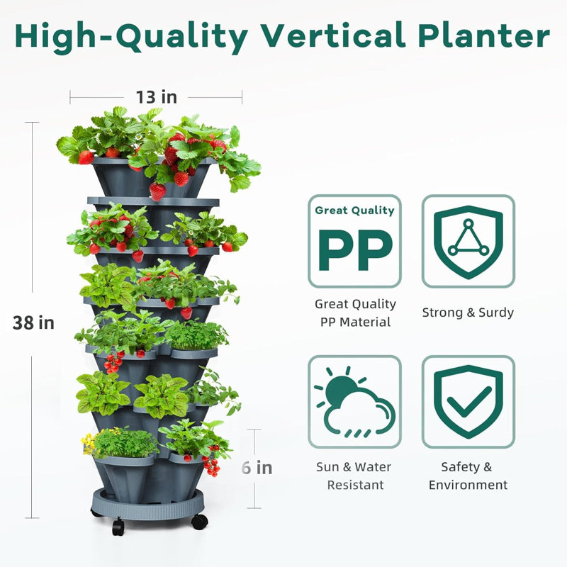 7-Tier Vertical Garden Planter 2-Pack, Stackable Strawberry Herb Vegetable Tower With Support Pole, Self-Watering System For Indoor Outdoor Use
