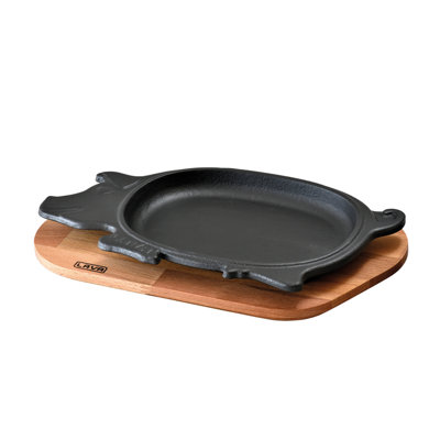 Lava Cast Iron 5.5"x2" Enameled  Pig Shaped Serving Dish with Beechwood Service Platter Matte Black
