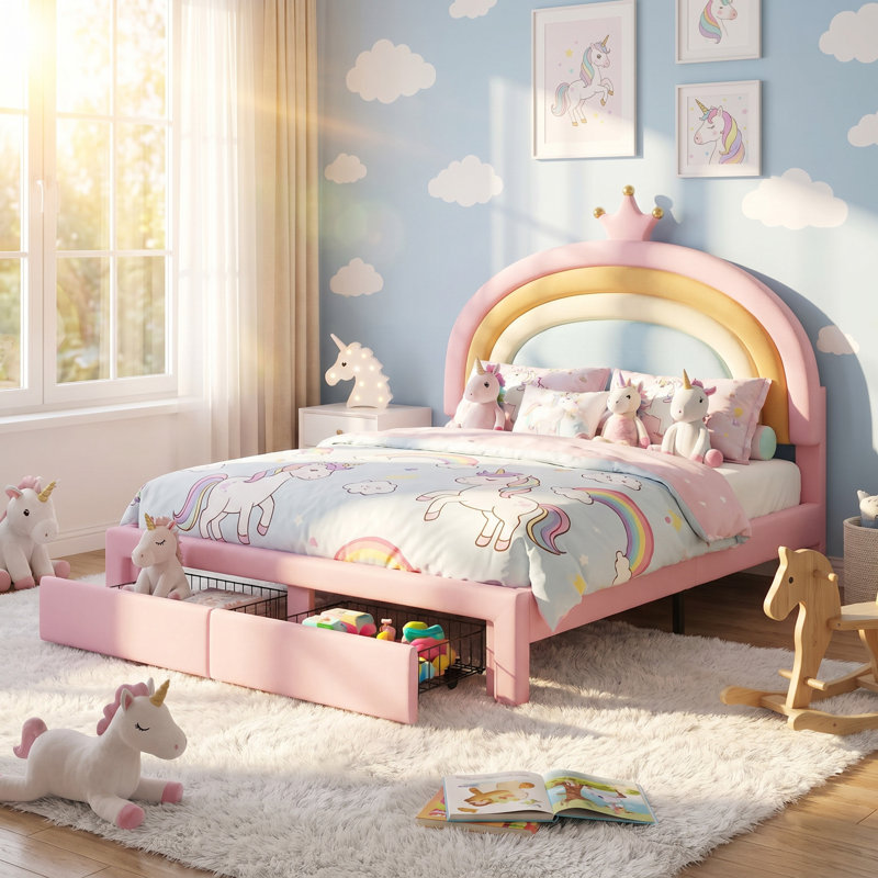 Lit double tapissier arc-en-ciel pleine grandeur, lit plateforme en velours avec tiroir de rangement, cadre de lit rose coloré, aucun sommier requis pour la chambre à coucher