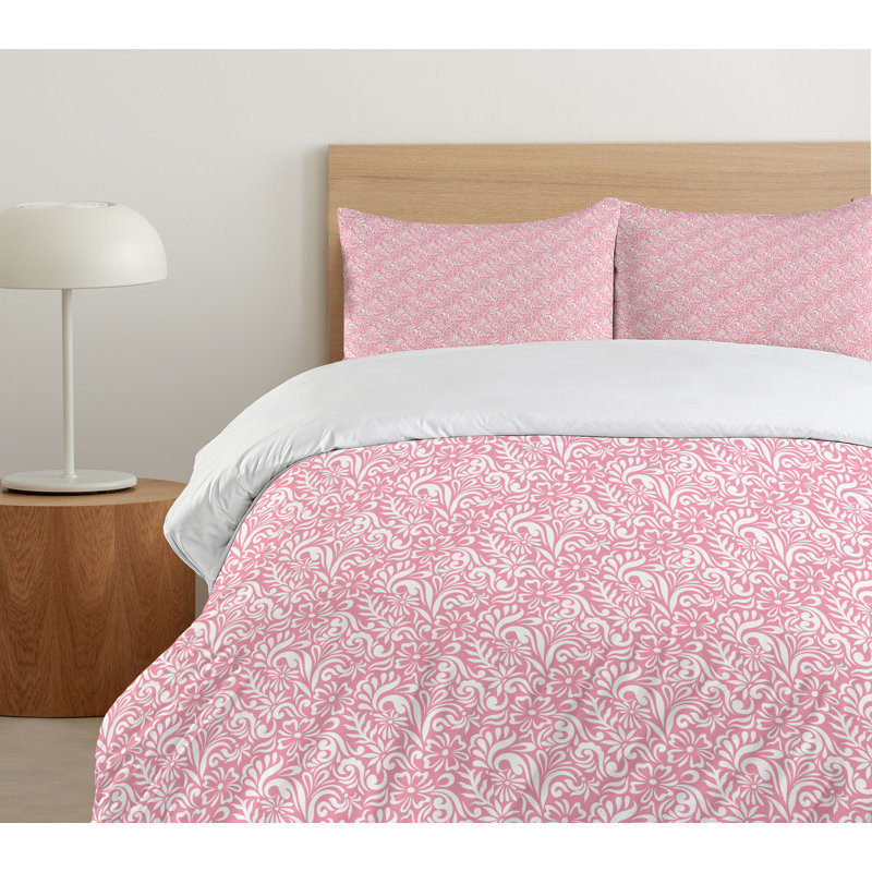 Queen Size Pale Pink and White Damask Duvet Cover Set