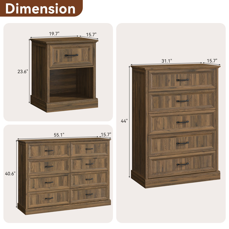 L'ensemble de chambre à coucher 4 pièces 4 pièces comprend une commode 8 tiroirs, une commode haute 5 tiroirs et deux tables de chevet avec bibliothèque