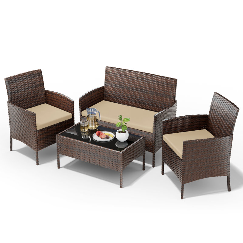 Ensemble de conversation d'extérieur en osier 3 personnes avec coussins Sunbrella Carlen, Brun, Beige