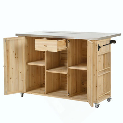 Outdoor Kitchen Island with Fir Wood Stainless Steel Top, Ample Storage Space, Towel/Spice Racks, and Bottle Opener for Patio, Garden, or Backyard U