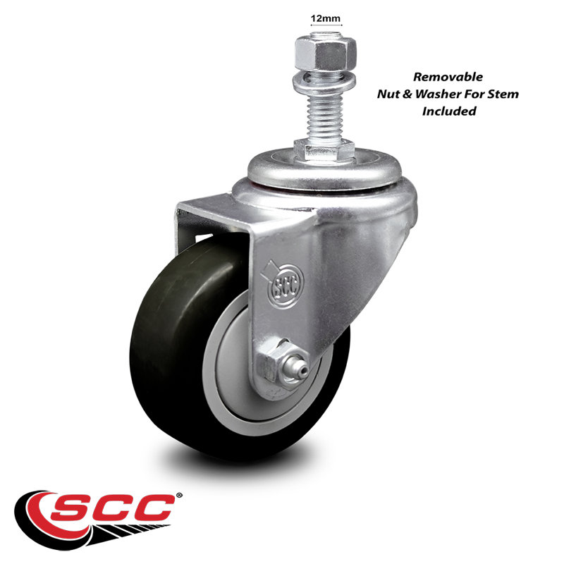 3.5 Inch SS Polyurethane Wheel Swivel 12mm Threaded Stem Caster SCC, Black