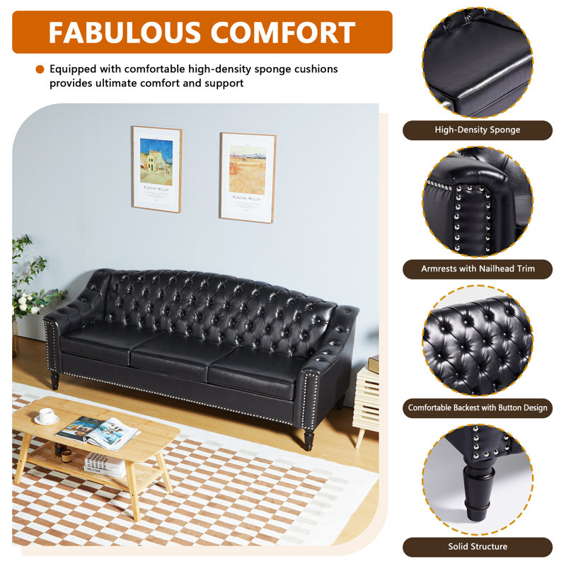 Denishia 79.92'' Faux Leather Sofa, Black Faux Leather