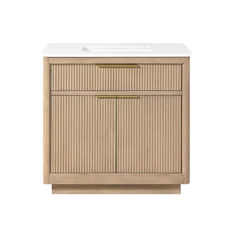 Xander 36 in. Single Sink Freestanding Sahara Birch Bathroom Vanity with White Engineered Stone Top and Brushed Gold Hardware