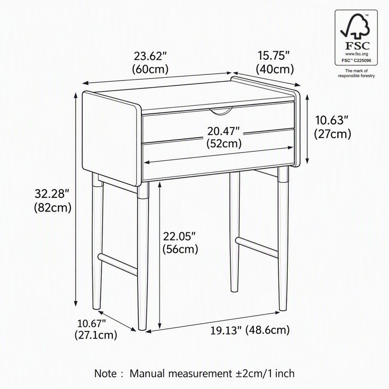 Meuble-lavabo en bois massif avec 2 tiroirs pour chambre MCM, L 23,62 po, Naturel