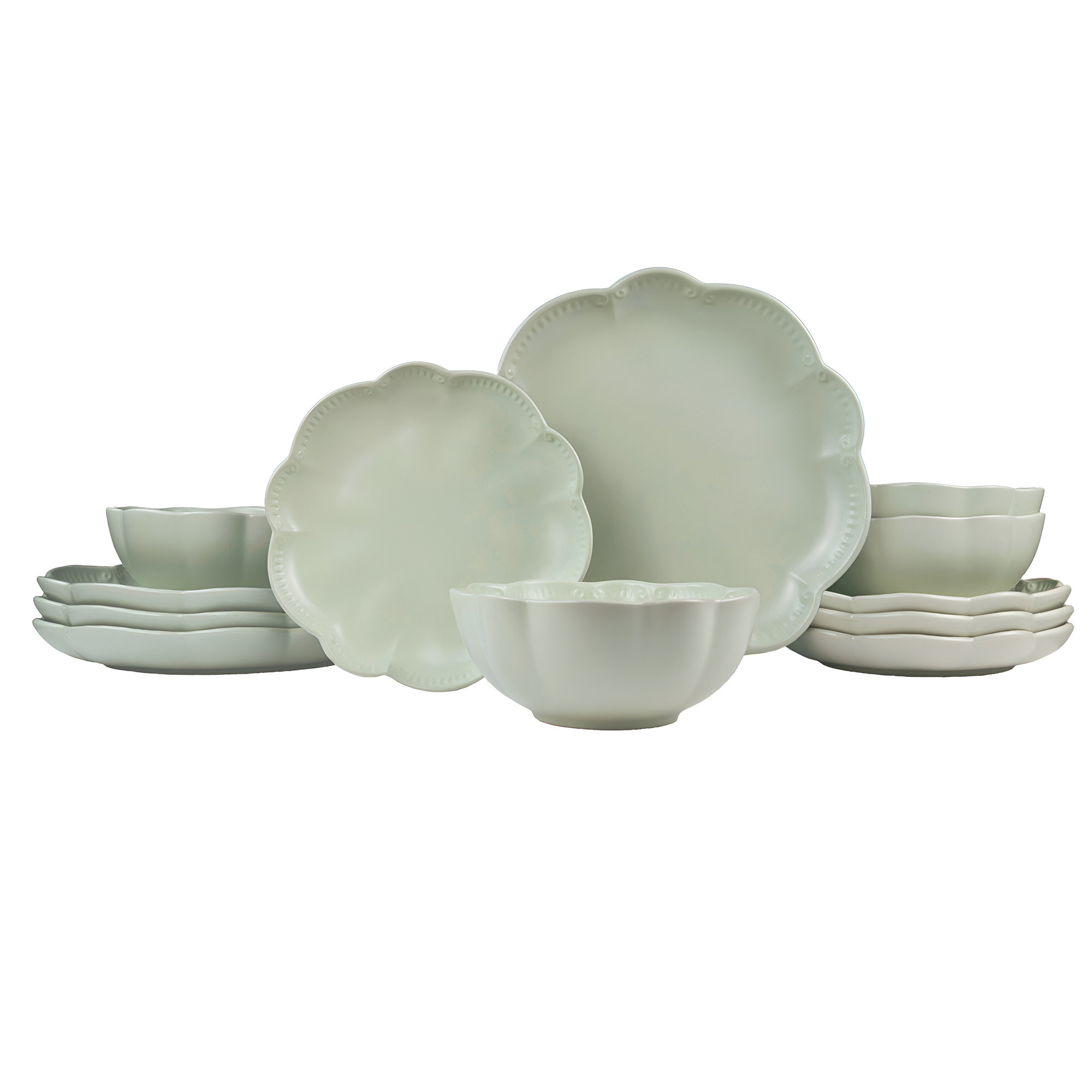 Sango Bethany 12-Piece Stoneware Dinnerware Set – Service for 4, Scalloped Plate & Bowl Set, Green