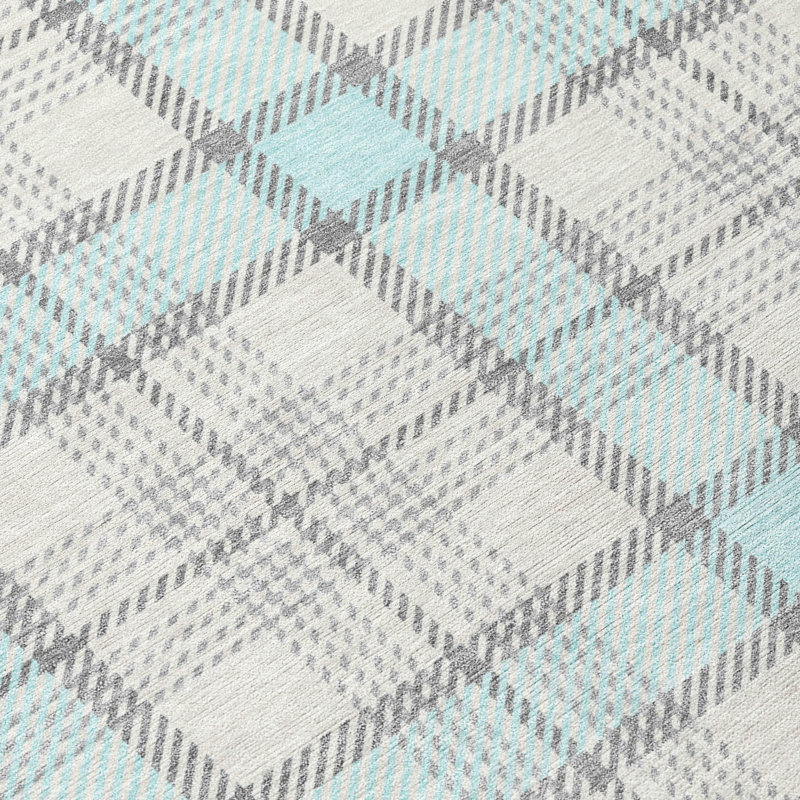 Sky Blue and Gray Synthetic Washable Plaid Area Rug