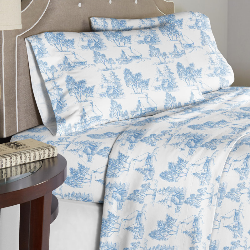Pointehaven 180 GSM Printed Flannel 100% Cotton Deep Pocket Sheet Set, Twin Sheet Set with 1 Pillowcase, Scenic Toile