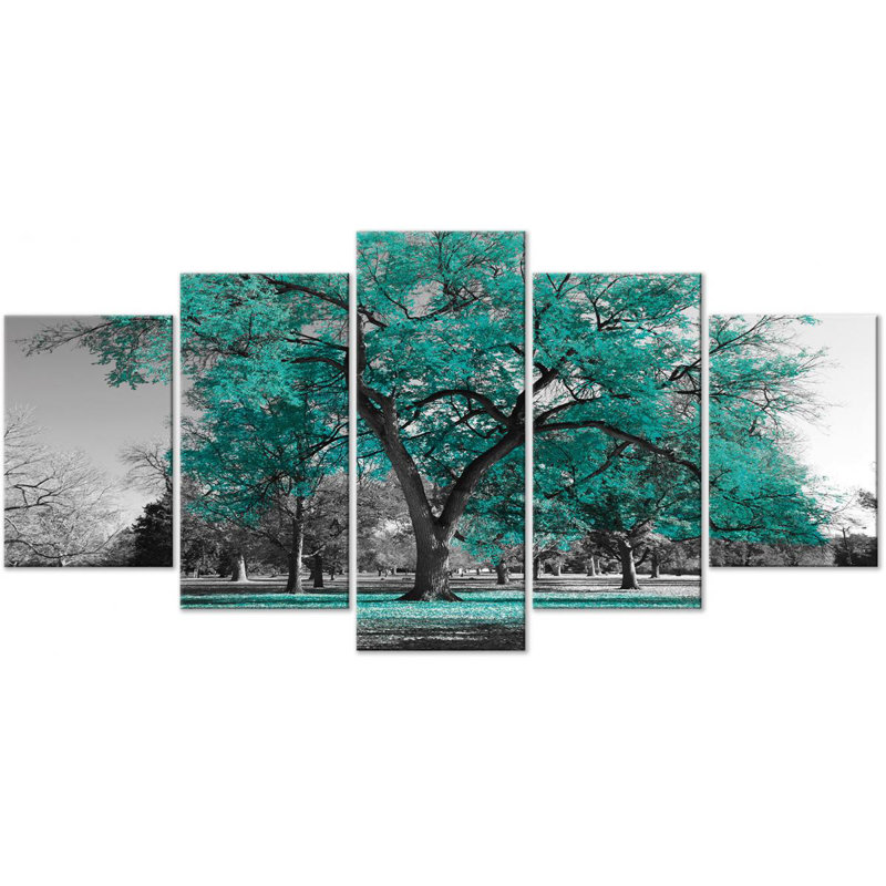 Autumn In The Park - 5 Piece Wrapped Canvas Print, 100cm H x 200cm W, Turquoise/Grey