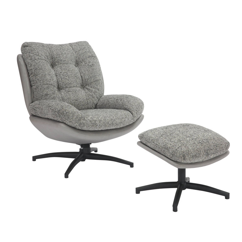 Cedrie Upholstered Swivel Accent Chair with Footstool, Grey