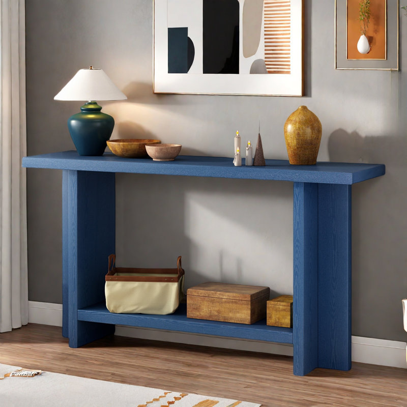 Vintage Console Table With T-leg Design And 2-tier Structure, Navy Blue