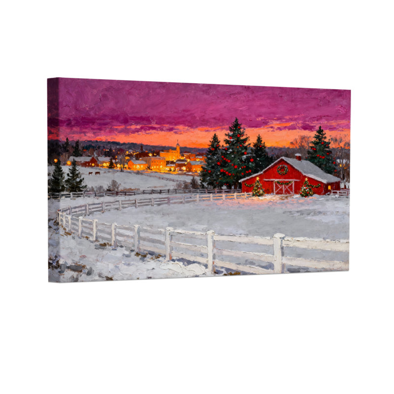 Paysage d'hiver de Noël avec grange rouge et champs enneigés, ensemble de 3 impressions sur toile, H 20 po x l 30 po