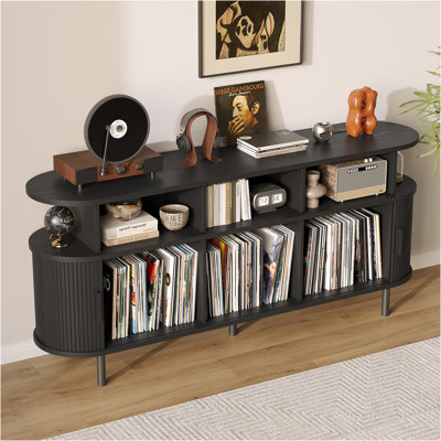 Large Round Record Player Stand with Charging Station, Vinyl Record Storage Cabinet with Sliding Door, Mid Century Modern Turntable Stand with Open Shelves for Bedroom Living Room
