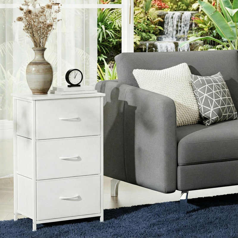 3-Drawer Dresser with Removable Fabric Bins, Slim Wood Grain Storage Organizer for Small Spaces, White