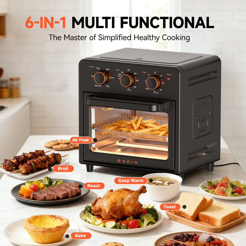 OUNIN Steam Air Fryer Toaster Oven, 12.6QT Compact Countertop Oven, 6-in-1 Air Fry Bake Toast Roast Broil Warm, Fast 7-Min Preheat to 450°F, Stainless Steel