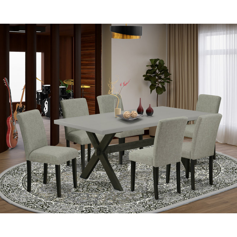 Ensemble de table de salle à manger 7 pièces composé d'une table de salle à manger rectangulaire avec pieds en X et 6 chaises de salle à manger Parson en tissu Shitake, noir brossé