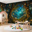 Papier peint adhésif pelez et collez Scène de forêt, lanternes lumineuses, étincelles magiques, art mural-129024621
