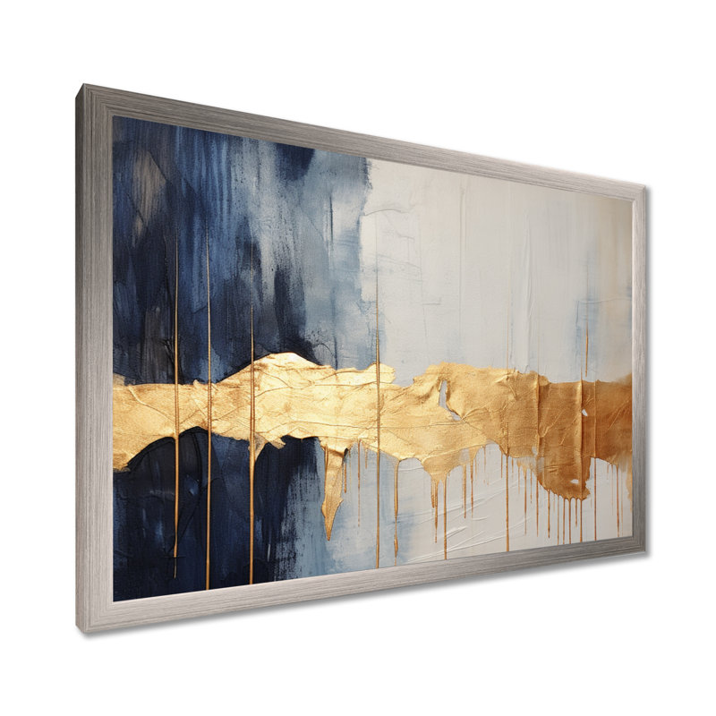 Waves Of Joy Minimal Nova - bleu et or I - peinture abstraite, art mural, H 30 po x l 40 po x P 1,5 po, Cadre photo argenté