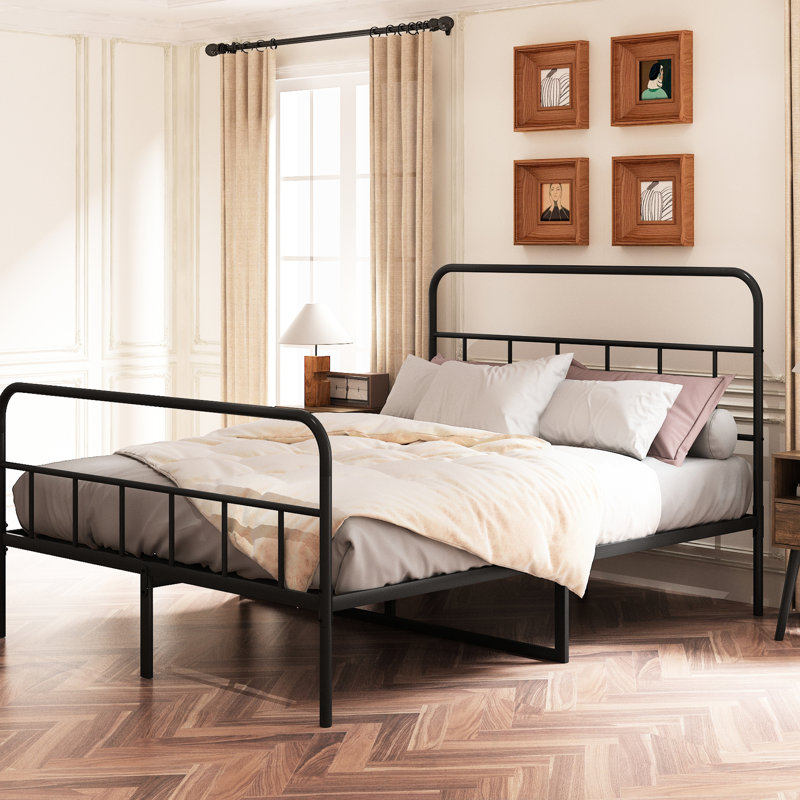 Structure de lit pour grand lit en métal avec tête de lit, construction solide, aucun sommier nécessaire, nuit tranquille, noir pour grand lit, fer à repasser requis, temps de sommeil,