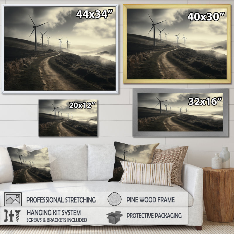 Wind Turbines Elemental Force II, reproduction d'art sur toile, H 24 po x l 32 po x P 1 po, Cadre flottant noir